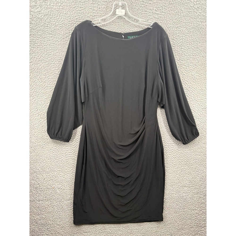 Lauren Ralph Lauren Dress Women‎ 12 Black Ruched Sheath 3/4 Slit Sleeve